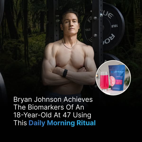 This image ad promotes Blueprint Longevity Mix, a product that the ad implies has helped Bryan Johnson achieve biomarker
