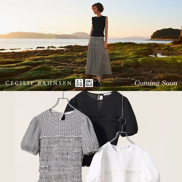 This ad showcases the collaboration between fashion designer Cecilie Bahnsen and UNIQLO for a 'Coming Soon' coll