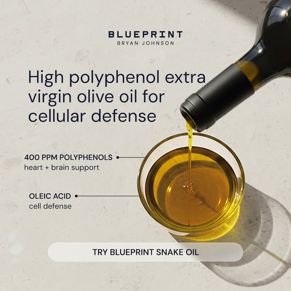 This image ad promotes Blueprint's extra virgin olive oil, highlighting its high polyphenol content and benefits for