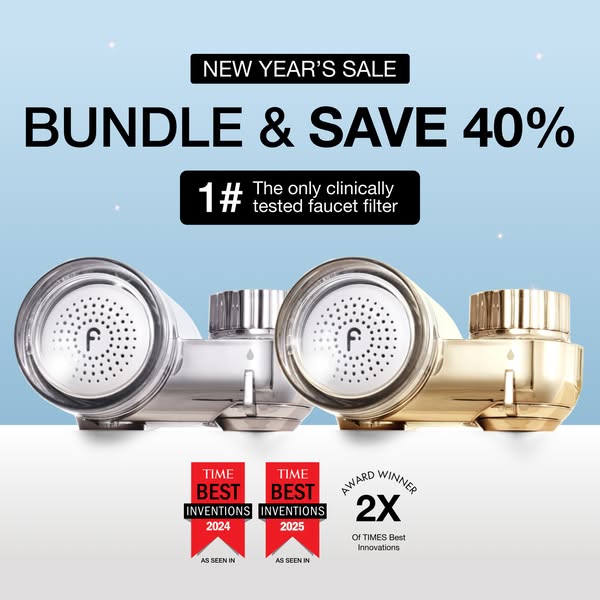 This image ad promotes a faucet filter bundle with a 40% discount as part of a New Year's sale. The ad highlights th
