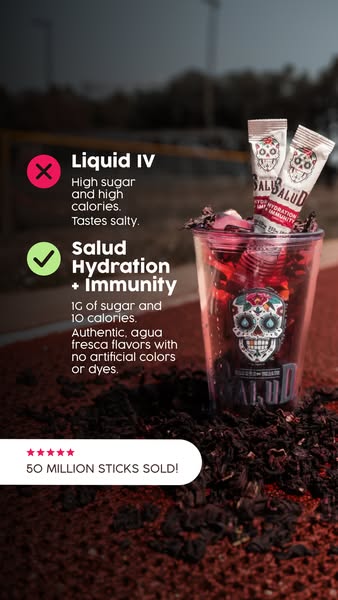 This ad compares Salud to Liquid IV, emphasizing Salud's low sugar and low calorie count while highlighting its auth