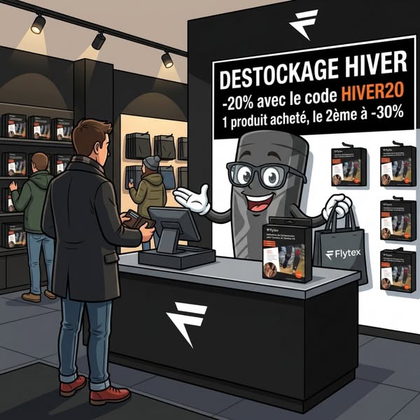 This ad features a cartoon drawing of the interior of a Flytex store, featuring a promotion for a winter sale.