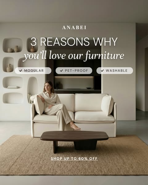 This ad for Anabei furniture highlights three reasons why customers will love their furniture: modularity, pet-proof des