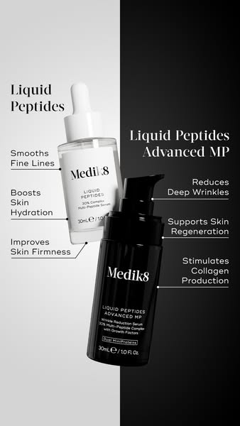 An ad showing Medik8 Liquid Peptides and Liquid Peptides Advanced MP. The ad lists a number of features including smooth