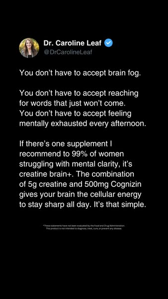 This Meta image ad uses a screenshot of a Tweet from Dr. Caroline Leaf recommending the supplement creatine brain+ to wo