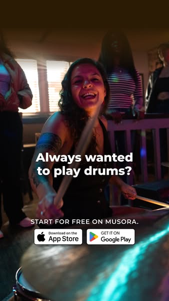 This ad for Musora features a woman joyfully playing drums in a live venue, inviting viewers who have 'Always wanted