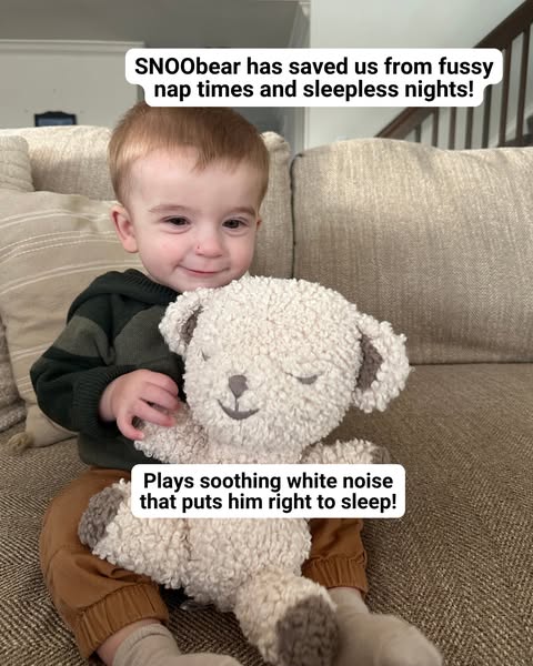 This image ad features a young child hugging a SNOObear, with text overlays highlighting the product's benefits for 