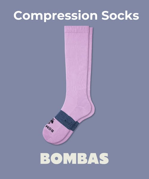 This ad features a single compression sock against a solid background. The sock is light purple with a dark blue band ar