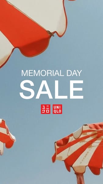 This image ad for Uniqlo promotes a Memorial Day sale, featuring a background of beach umbrellas and sale text.