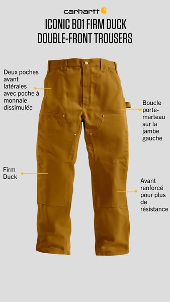 This ad features a pair of Carhartt pants against a light-gray background. Yellow dots with lines are layered on top of 