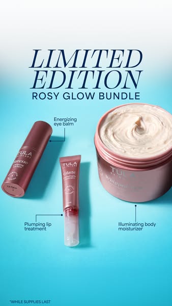 This ad showcases three Tula products that work together to provide a rosy glow: the energizing eye balm, plumping lip t