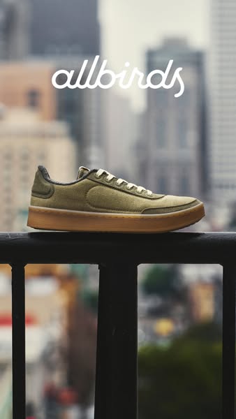 This image ad showcases a single Allbirds sneaker positioned in front of a blurred cityscape. The focus is on the shoe&#