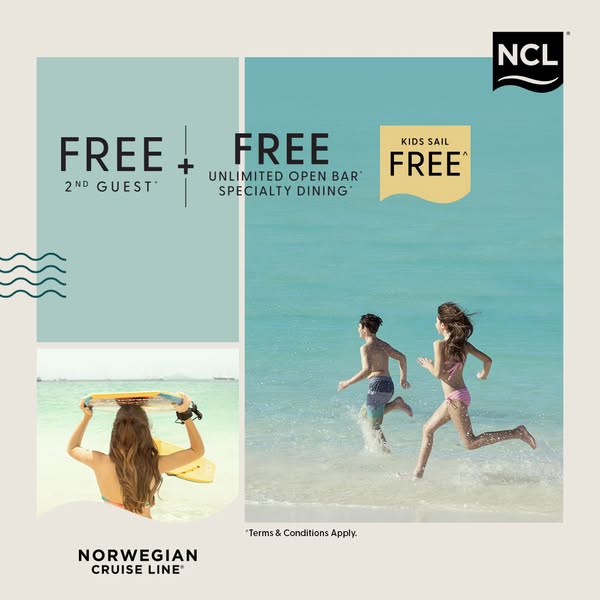 The image ad for Norwegian Cruise Line presents a family vacation with offers of a free second guest, unlimited open bar