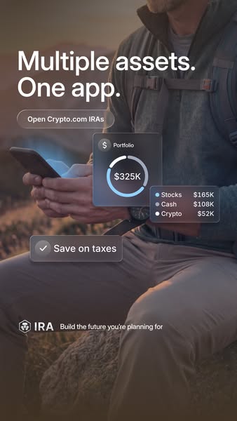 This ad showcases the Crypto.com IRA product as a single app for managing multiple assets and saving on taxes. It visual