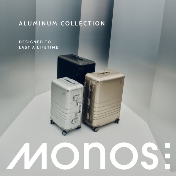 This ad showcases Monos' Aluminum Collection luggage, emphasizing its durability and timeless design. The ad feature