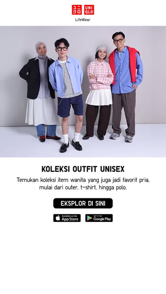 This ad showcases a unisex clothing collection by Uniqlo. The ad features four people wearing various items from the col