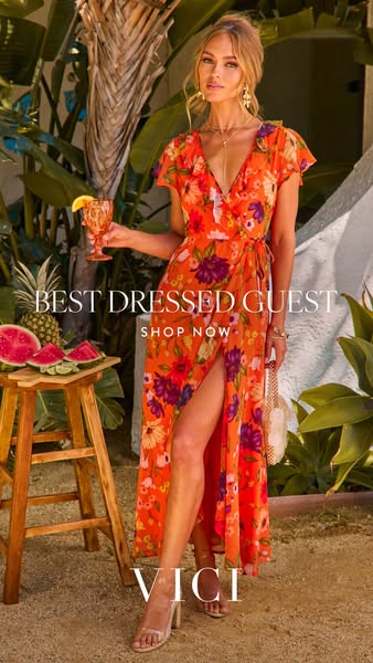 This ad for VICI clothing features a model in a floral dress, standing in a tropical setting, with text overlay promotin