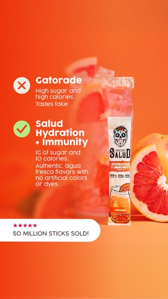 This ad uses a comparison format to highlight the benefits of Salud hydration sticks over Gatorade, focusing on lower su