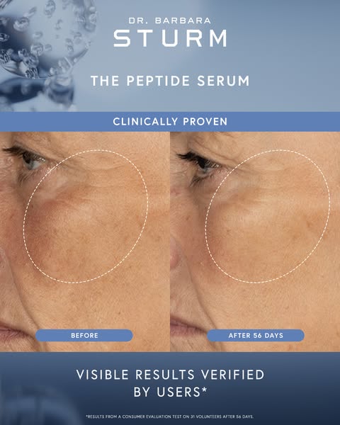 The image ad promotes Dr. Barbara Sturm's The Peptide Serum, highlighting its ability to deliver visible results on 