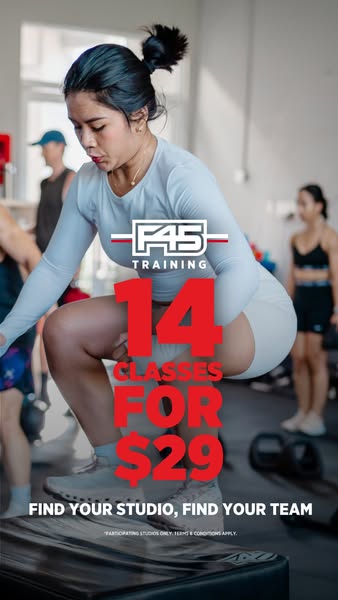 This image ad for F45 Training promotes a limited-time offer of 14 classes for $29. The ad features an active woman in w