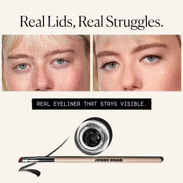 This ad for Jones Road eyeliner shows a before and after of a woman's eyes with and without eyeliner. The ad highlig