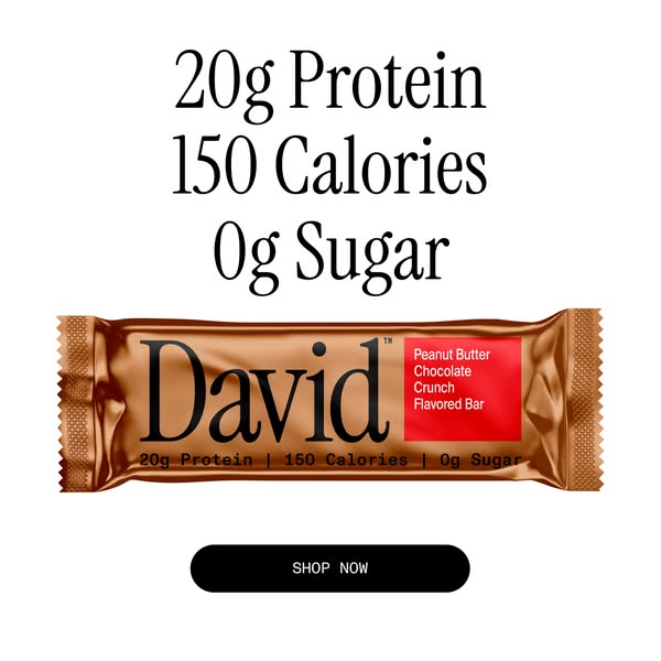 This ad promotes a protein bar by highlighting its nutritional value with large text, then features the product against 