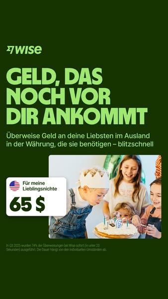 This ad uses a photo of children celebrating a birthday to communicate the ease and speed with which the Wise platform e