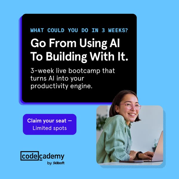 This image ad promotes Codecademy's 3-week live bootcamp that teaches people how to build with AI. It shows an image