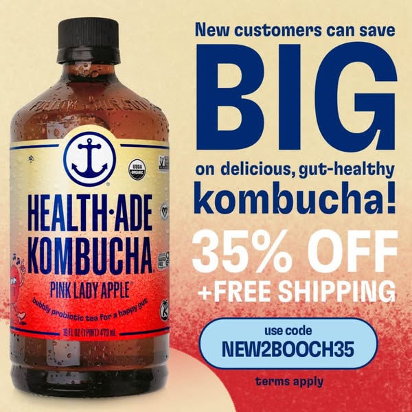 This image ad for Health-Ade Kombucha promotes a discount for new customers. The ad features a bottle of Pink Lady Apple