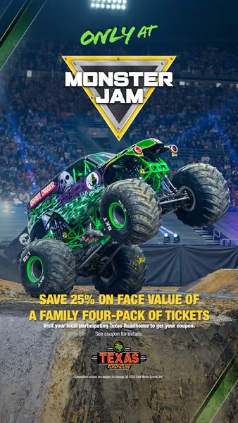 This image ad promotes Monster Jam tickets with a discount offer at Texas Roadhouse.