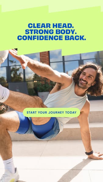 This ad promotes the brand by showing a man doing a yoga or pilates move outside. The ad highlights the mental and physi