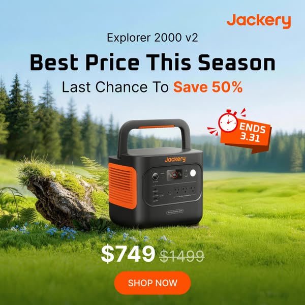 This image ad for Jackery features their Explorer 2000 v2 portable power station in a nature setting, emphasizing a limi