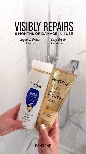 The ad shows Pantene's shampoo and conditioner products, claiming to visibly repair 6 months of damage in 1 use. The