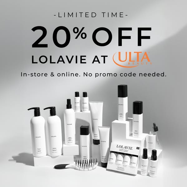 This ad showcases various Lolavie hair and body care products available at Ulta Beauty, with a promotion of 20% off for 