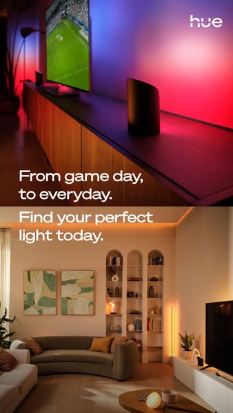 This ad is divided into two frames that showcases the Philips Hue lighting system. The first frame shows the system bein