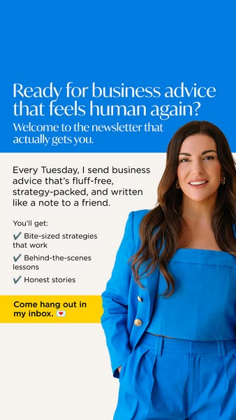 This ad is for a newsletter that provides business advice. The ad features a woman in a blue suit and uses the headline 