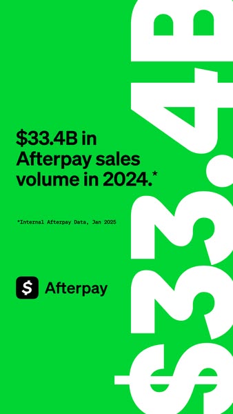 This ad uses a data point to highlight Afterpay's sales volume in 2024.