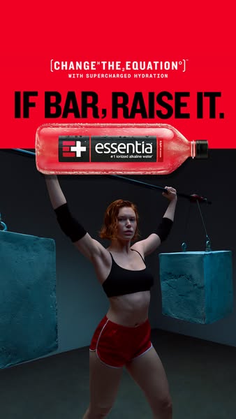This image ad for Essentia water features a woman weightlifting with water-filled blocks, emphasizing the brand's me