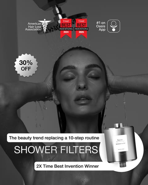 This ad presents shower filters as a beauty trend that can replace a 10-step routine. It highlights the product's be