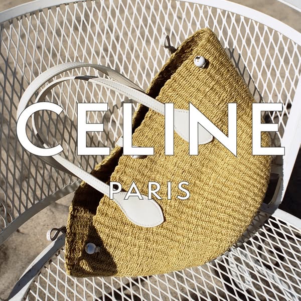 This image ad showcases a Celine basket bag. The ad features a still shot of the bag placed on a white, wrought-iron tab
