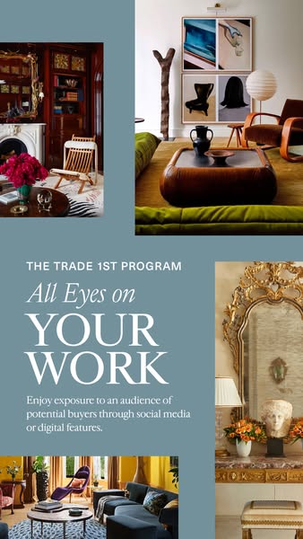 This image ad for The Trade 1st Program uses a split-panel design to showcase various well-designed living spaces while 