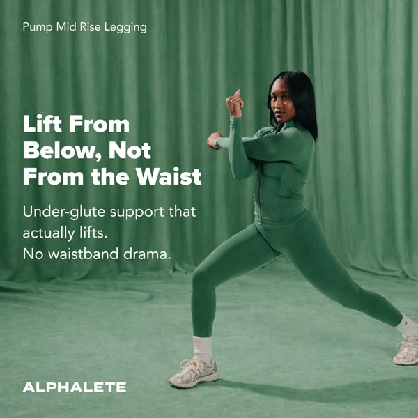 An ad for Alphalete Pump Mid Rise Leggings, featuring an image of a woman wearing the leggings and an Alphalete zip-up t