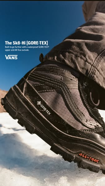 This ad showcases the Vans Sk8-Hi GORE-TEX shoes, highlighting their waterproof and durable features for outdoor activit