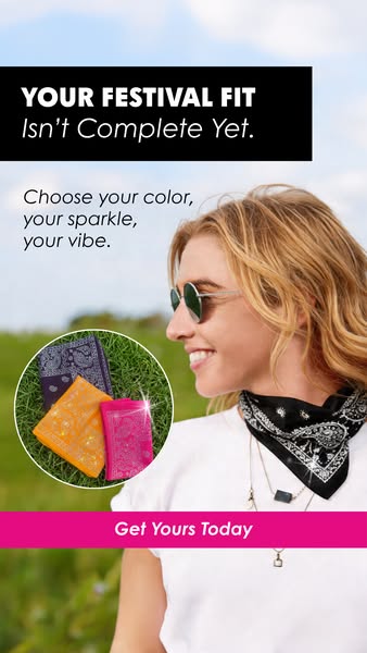 This image ad encourages viewers to complete their festival outfit with the brand's sparkly bandanas. The ad uses di