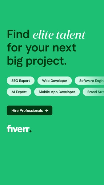 This ad promotes Fiverr as a platform to find elite talent for various projects. It features a clean design with a focus