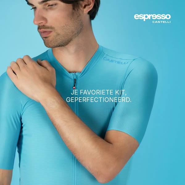 This image ad features a man wearing a light blue Castelli cycling kit. The text overlayed states the kit is someone'