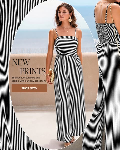This image ad promotes new prints from a brand, featuring a woman wearing a black and white striped jumpsuit. The ad inc