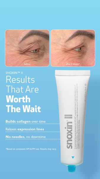 This ad for Snoxin II anti-aging serum focuses on the claim that it builds collagen over time to relax expression lines.