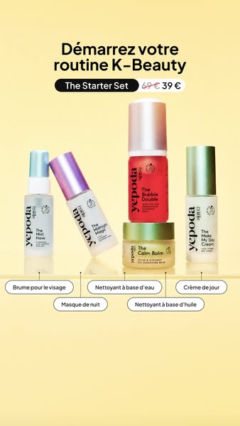 The ad showcases a K-Beauty starter set by Yepoda, highlighting various skincare products like face mist, night mask, cl