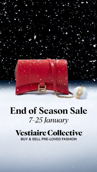 This ad for Vestiaire Collective promotes an end-of-season sale from January 7-25. The ad features a red purse and a gol